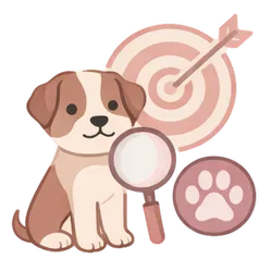An illustration of a dog in front of a magnifying glass and a target