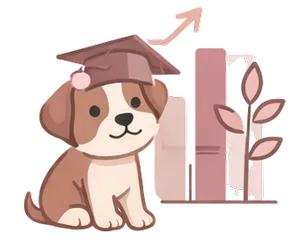 An illustration of a dog with a mortar board on its head standing in front of some books