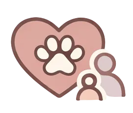 An illustration of a heart with a paw in the middle and 2 people stood next to it